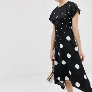 ASOS Warehouse midi dress with hanky hem in polka, size 12 US / 16 UK